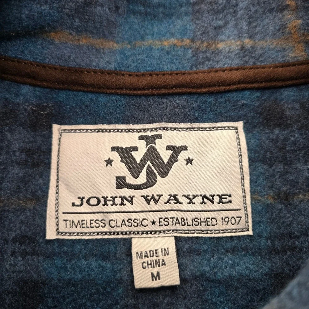 John Wayne Time Classic Fleece Pullover Mens Medium Blue‎ Plaid 1/4 Snap Casual